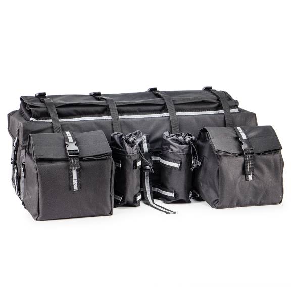 ATV Parts Connection - Cargo Bag for ATV Motorcycle Snowmobile, Black, Weather Resistant Canvas, Multiple Pockets, Removable Bags, Dual Bottle Holders, ATVPC